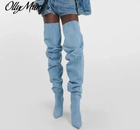 Ollymurs/ светло сини дънкови нагънат ботуши над коляното с остри пръсти, женски ботфорты без закопчалка на тънък ток, с дължина до бедрото, женски ботфорты без закопчалка
