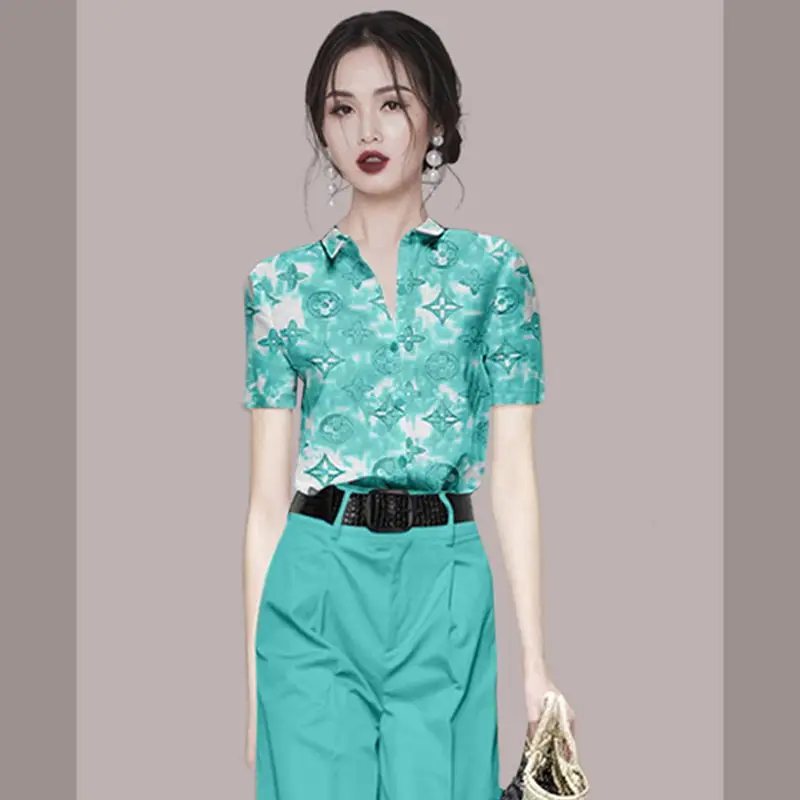 Комплект в стил богиня на висок клас мода, лято 2023, нова леки луксозна риза с принтом в западен стил, широки панталони, комплект от две части