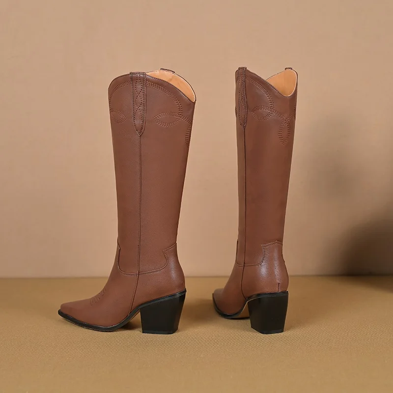 дамски каубойски ботуши до коляното от телешка кожа с бродерия в стил ретро, черно-кафяви обувки на висок ток, есен-зима, дамски botas mujer