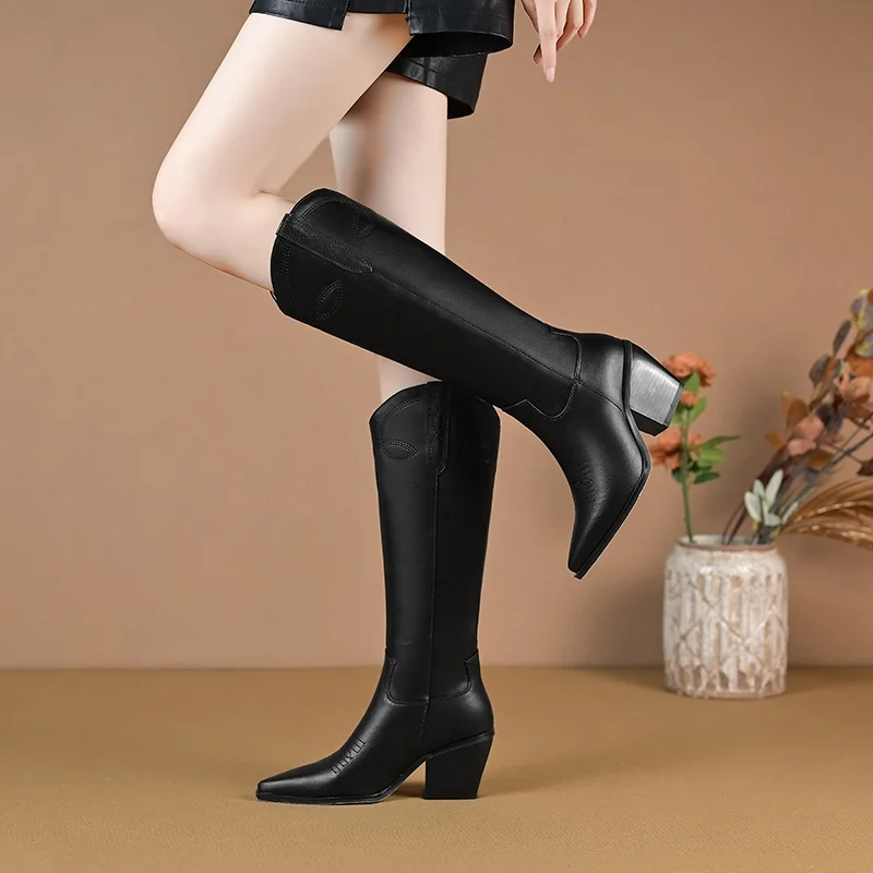 дамски каубойски ботуши до коляното от телешка кожа с бродерия в стил ретро, черно-кафяви обувки на висок ток, есен-зима, дамски botas mujer