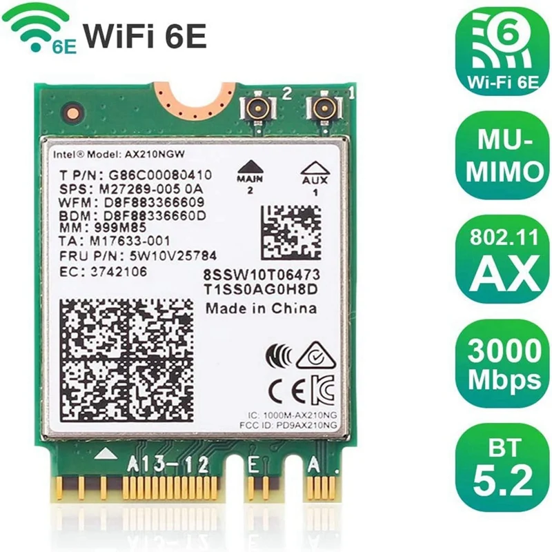 Карта Wi-Fi AX210NGW, безжичен модул Wi-Fi 6E 11AX С разширение до 6 Ghz МУ-MIMO Трибандов Вътрешен мрежов адаптер + Bluetooth 5.2