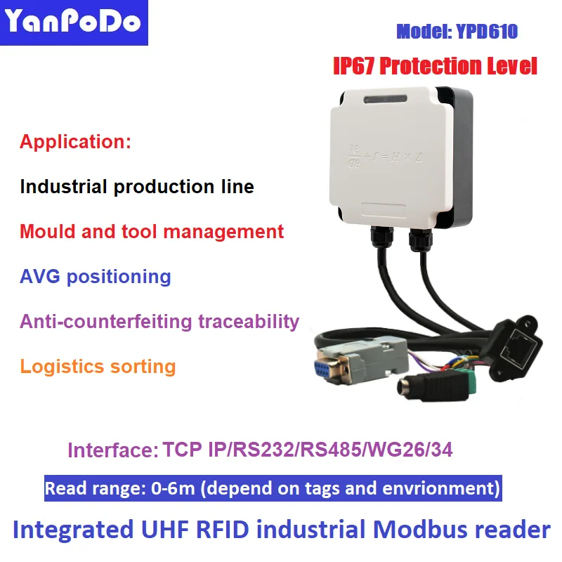 Yanpodo Промишлен 0-6 м Обхват на четене Мини UHF Modbus RFID четец АД Връзка RFID антена UHF Четец За процеса на производствена линия