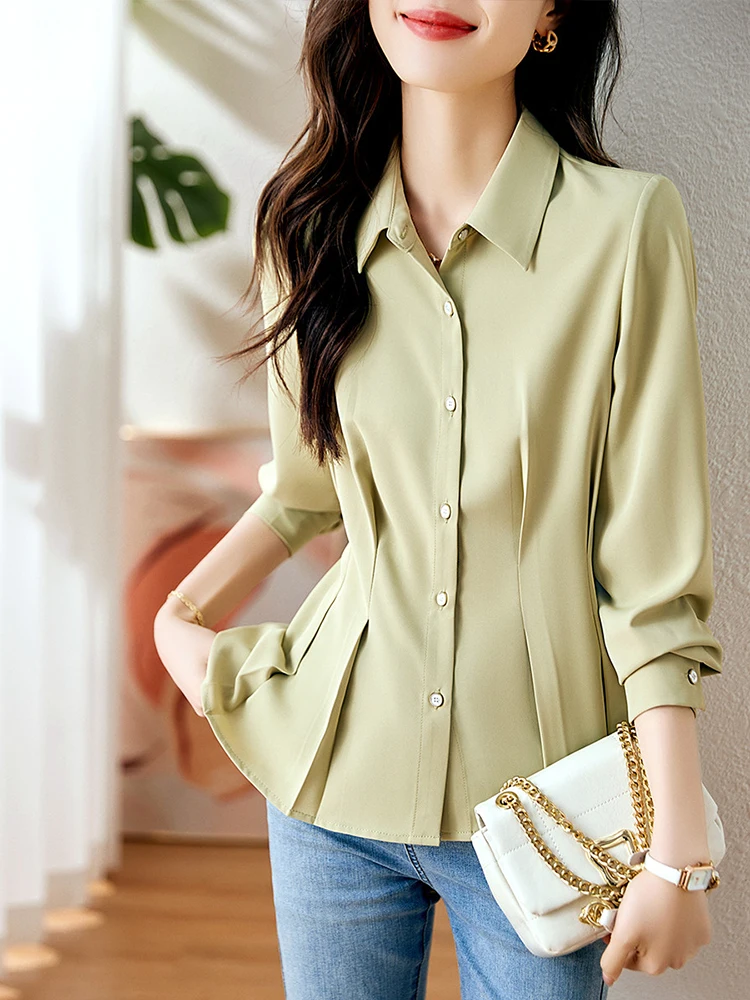 QOERLIN отложной яка, офис женски прости, елегантни, модерни, шикозни светло зелени стилни ризи с копчета, блузи с дълъг ръкав, блуза