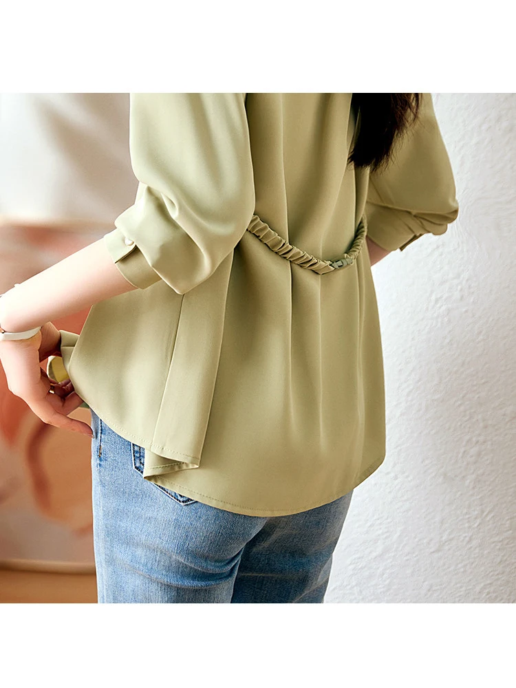 QOERLIN отложной яка, офис женски прости, елегантни, модерни, шикозни светло зелени стилни ризи с копчета, блузи с дълъг ръкав, блуза