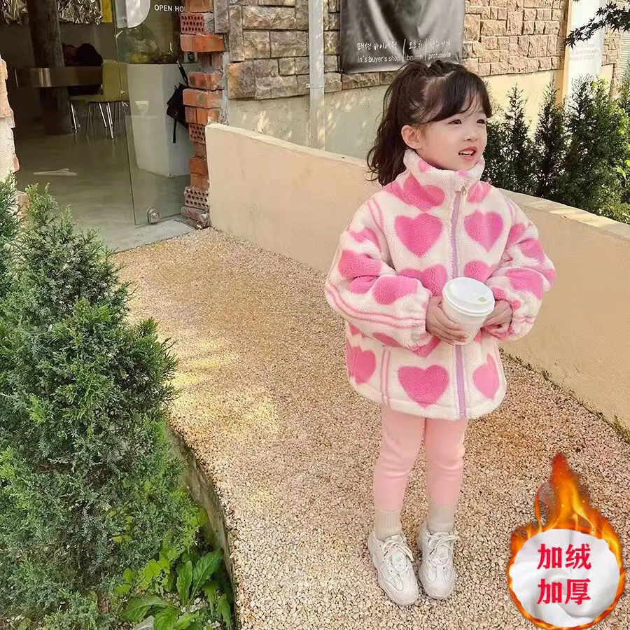 Утепленная плюшен яке за момичета, нова свободна яке с памучна подплата за момиченца, модерен вълнен пуловер корейската версия, тенденция