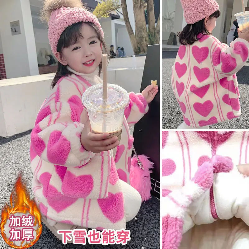Утепленная плюшен яке за момичета, нова свободна яке с памучна подплата за момиченца, модерен вълнен пуловер корейската версия, тенденция