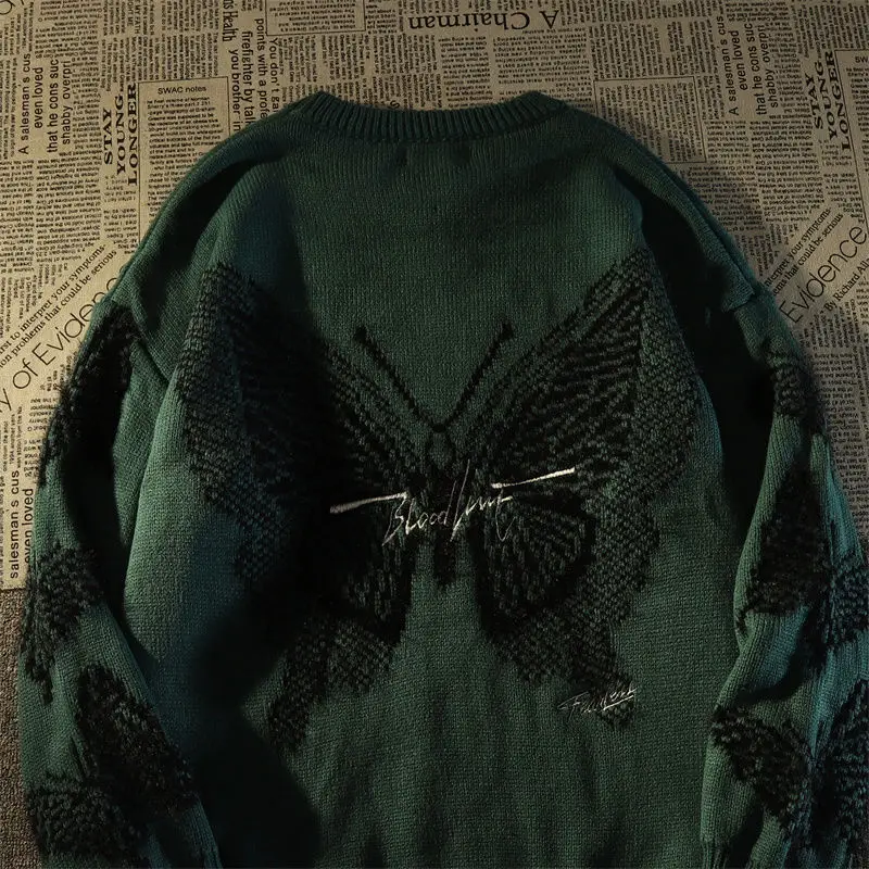 Американски черен Ретро есенно-зимния пуловер с бродерия на пеперуда, женски свободен пуловер Y2k в стил хип-хоп с кръгло деколте, улични възли върховете ins