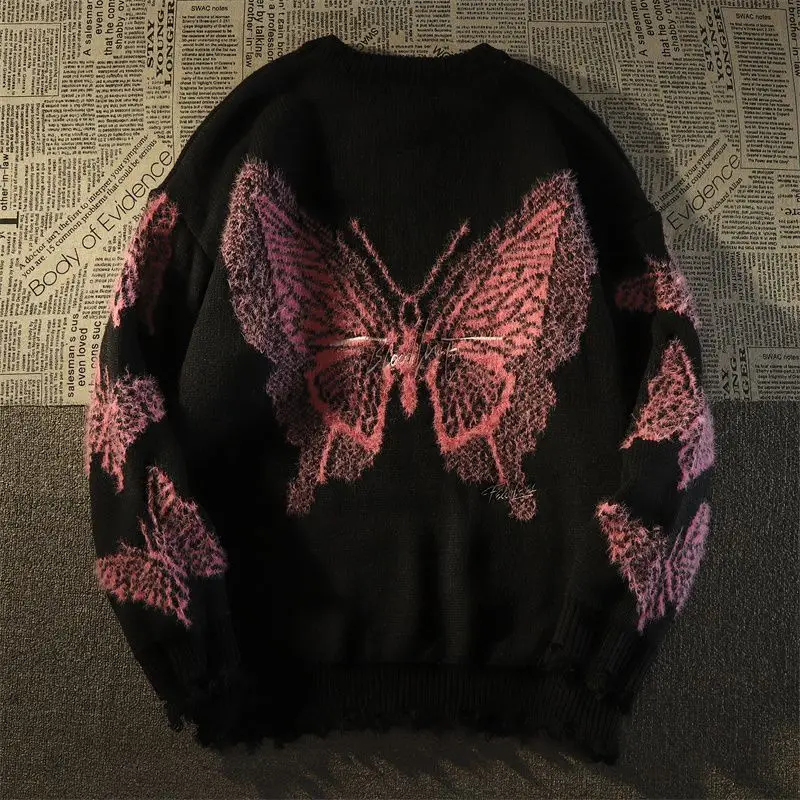 Американски черен Ретро есенно-зимния пуловер с бродерия на пеперуда, женски свободен пуловер Y2k в стил хип-хоп с кръгло деколте, улични възли върховете ins