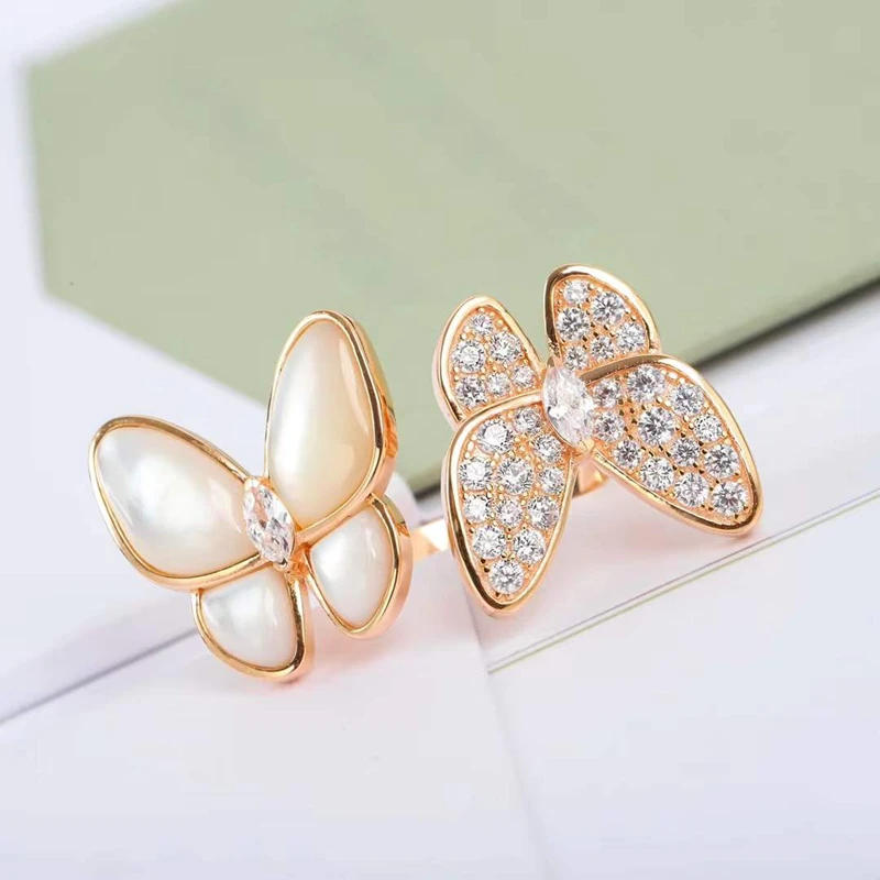 Висококачествено индивидуално пръстен с отворена пеперуда от розово злато и бяла установена fritillyarii, женски модната марка, темперамент, романтични луксозни бижута