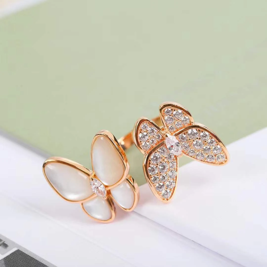 Висококачествено индивидуално пръстен с отворена пеперуда от розово злато и бяла установена fritillyarii, женски модната марка, темперамент, романтични луксозни бижута