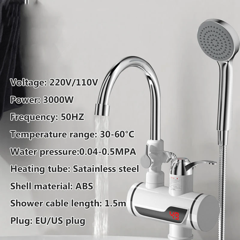 * Електрически бойлер 220 В ЕС от неръждаема стомана, led температурен дисплей с кухненски смесител миг подаване на топла вода без резервоара 3000 W