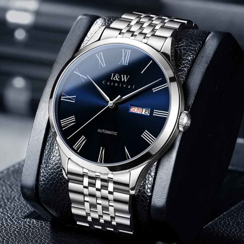 Мъжките механични часовници е от неръждаема стомана I & W, луксозни автоматични ръчен часовник със сапфир, марка Carnival