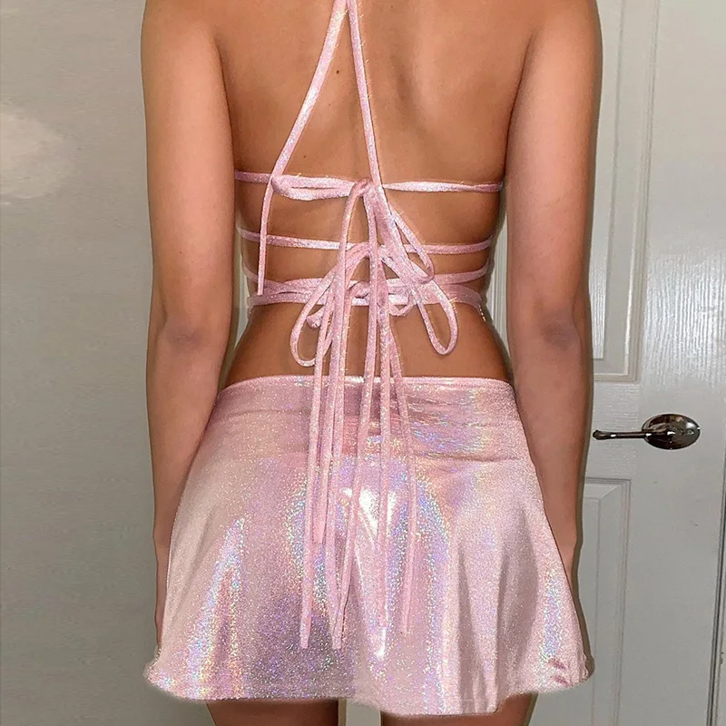 Комплект от две части, страхотна бандажное рокля в стил гръндж, секси облекло, за клуб на рейв-фестивали, модни рокли Y2k 2021, лъскава розова летни дрехи