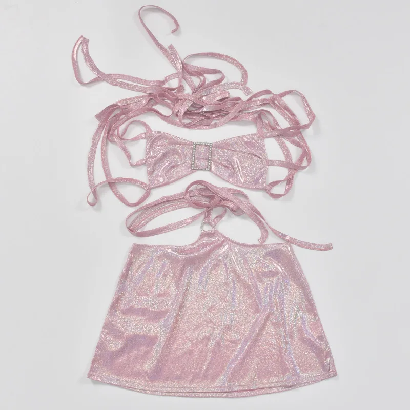 Комплект от две части, страхотна бандажное рокля в стил гръндж, секси облекло, за клуб на рейв-фестивали, модни рокли Y2k 2021, лъскава розова летни дрехи