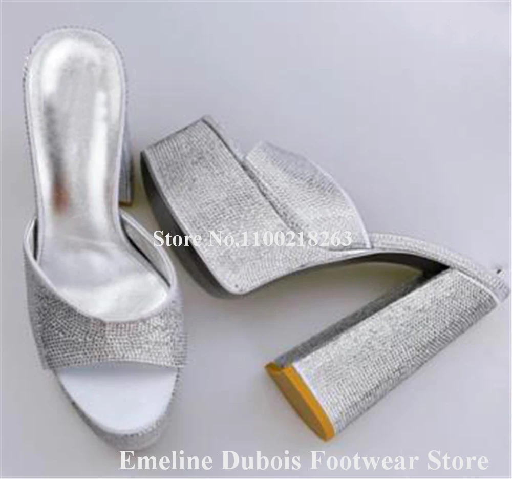Блестящи сребърни кристали, чехли на дебелите ток, сандали Emeline Dubois с отворени пръсти и кристали на висока платформа, чубрица сватбени обувки-лодка