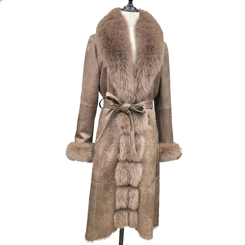 Нова дамски зимни палто от естествена кожа заек с двойно лицевым покритие средна дължина, монтиране кожена яка от лисьего кожа, маншет, кожа облекло