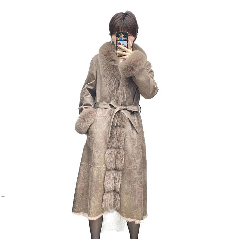 Нова дамски зимни палто от естествена кожа заек с двойно лицевым покритие средна дължина, монтиране кожена яка от лисьего кожа, маншет, кожа облекло